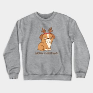 Grumpy Bulldog With Reindeer Antlers Funny Merry Christmas Crewneck Sweatshirt